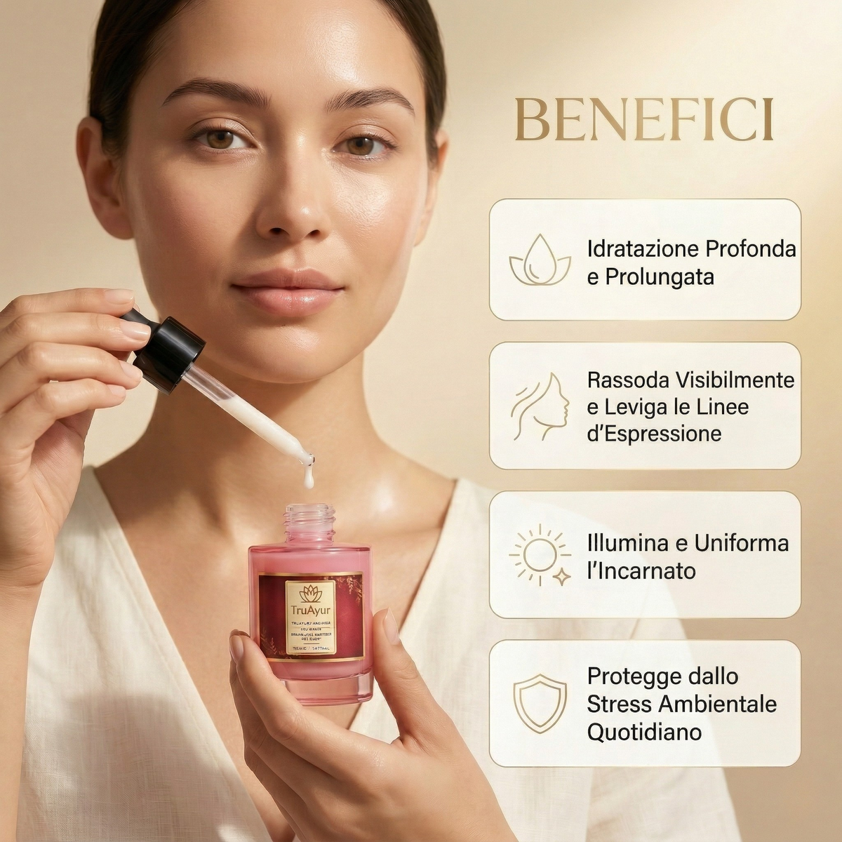 Siero Giorno Ayurvedico Illuminante alle 8 Erbe con Peptide Syn-Ake, per un'idratazione profonda, una luminosità che dura tutto il giorno e un effetto rassodante visibile.