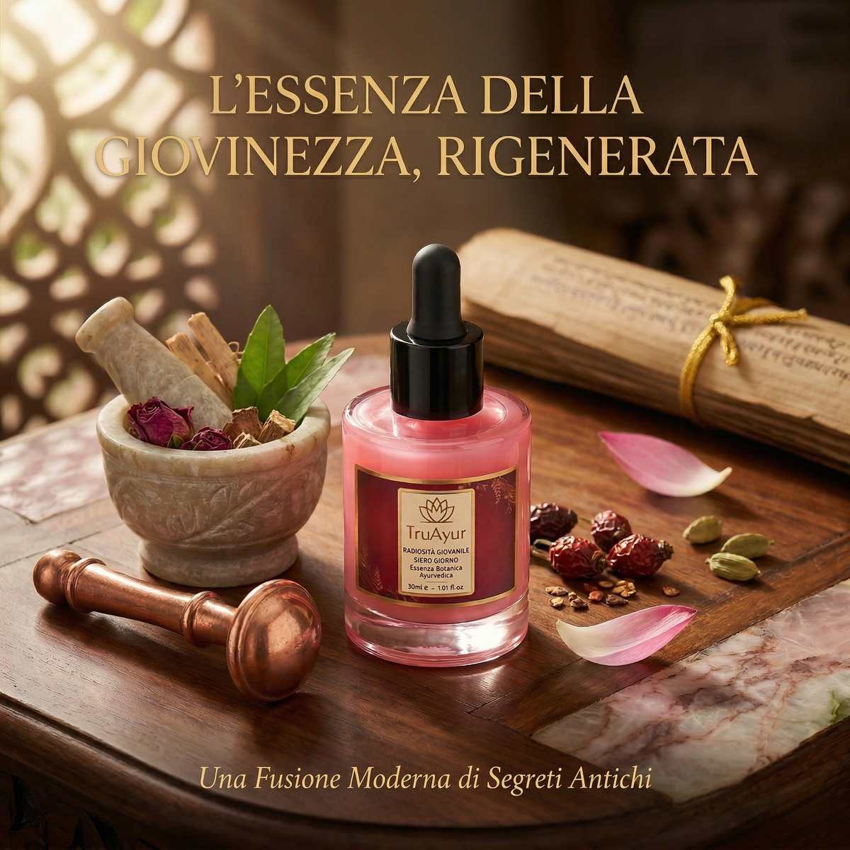 Siero Giorno Ayurvedico Illuminante alle 8 Erbe con Peptide Syn-Ake, per un'idratazione profonda, una luminosità che dura tutto il giorno e un effetto rassodante visibile.
