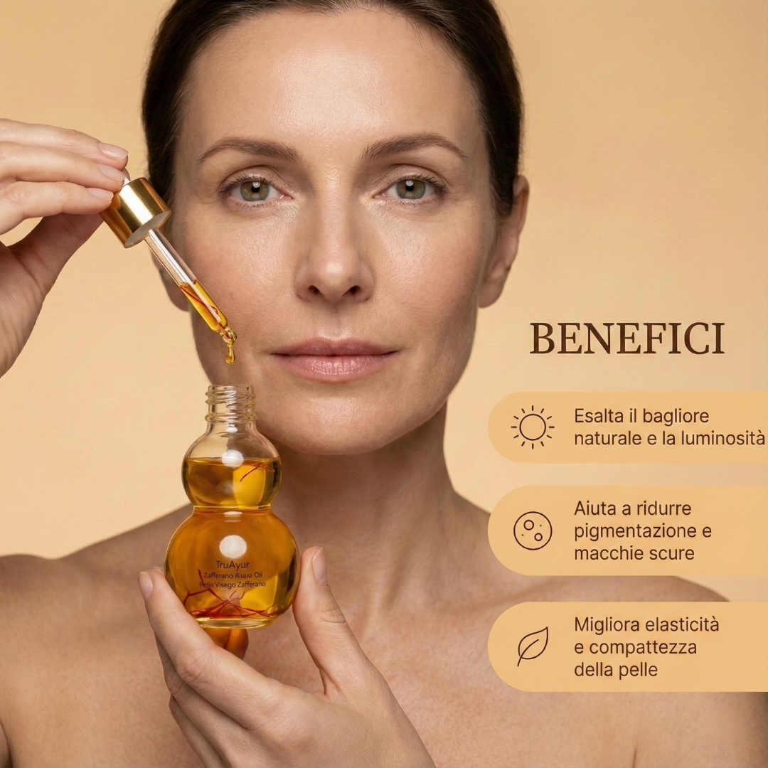 Olio viso Zafferano con fili di zafferano puri per una pelle luminosa, liscia e ringiovanita
