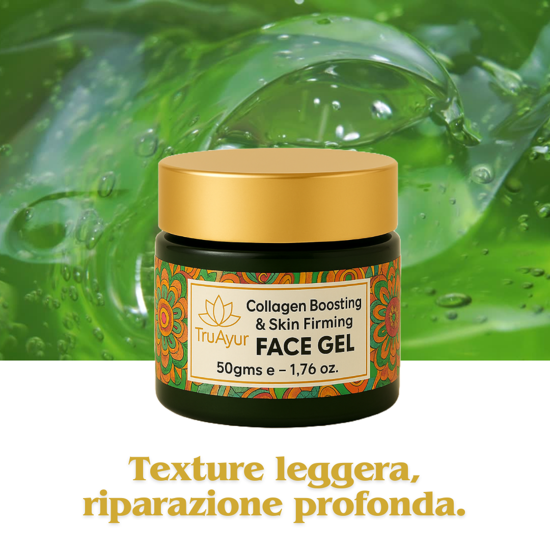 Gel viso rassodante e stimolante del collagene con cicatrice, aloe vera, tè verde e moringa