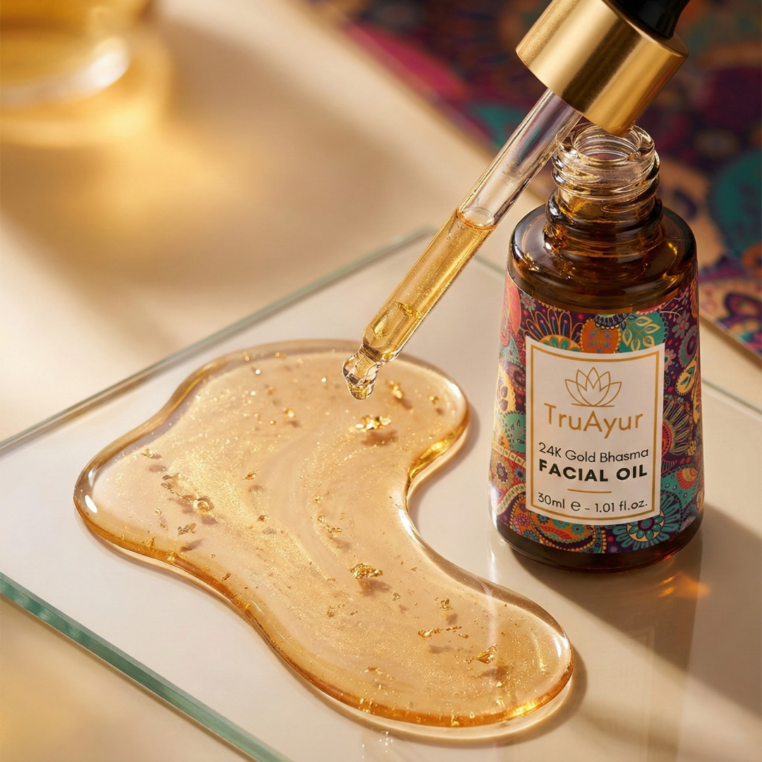 Oro 24K Olio Viso Ayurvedico per una pelle profondamente idratata, setosa e luminosa