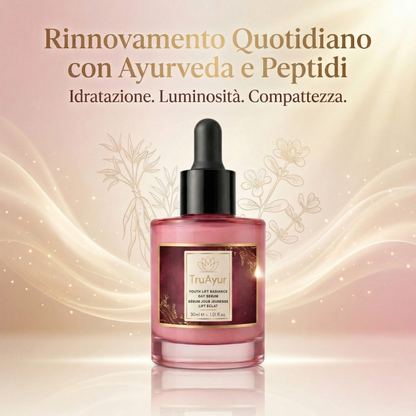Siero Giorno Ayurvedico Illuminante alle 8 Erbe con Peptide Syn-Ake, per un'idratazione profonda, una luminosità che dura tutto il giorno e un effetto rassodante visibile.