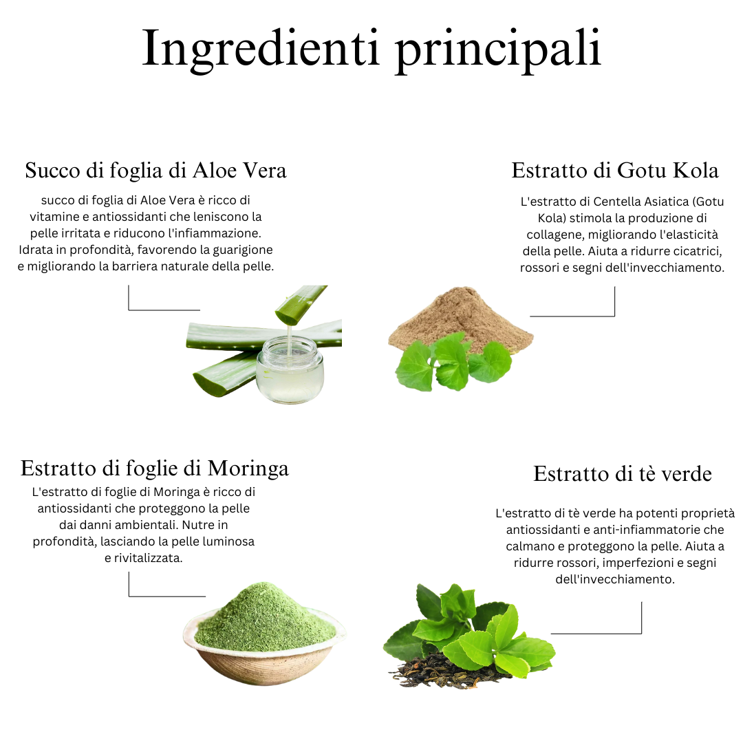 Gel viso rassodante e stimolante del collagene con cicatrice, aloe vera, tè verde e moringa
