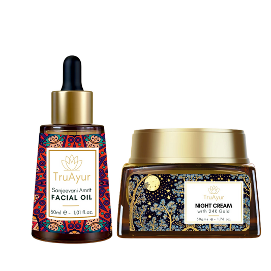 Rituale anti-età con oro 24K (olio viso e crema notte Sanjeevani Amrit)