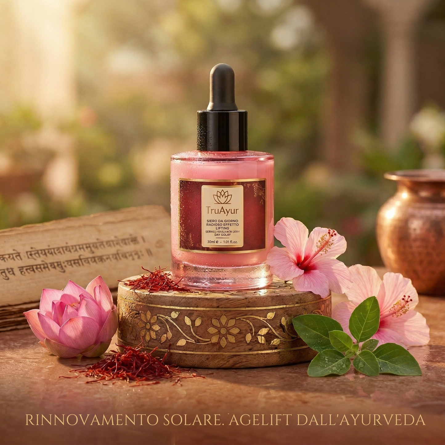 Siero Giorno Ayurvedico Illuminante alle 8 Erbe con Peptide Syn-Ake, per un'idratazione profonda, una luminosità che dura tutto il giorno e un effetto rassodante visibile.