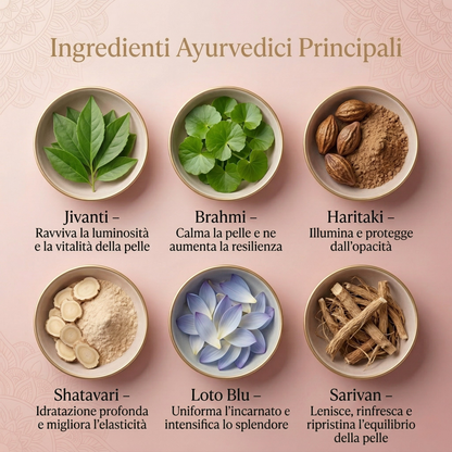 Siero Giorno Ayurvedico Illuminante alle 8 Erbe con Peptide Syn-Ake, per un'idratazione profonda, una luminosità che dura tutto il giorno e un effetto rassodante visibile.
